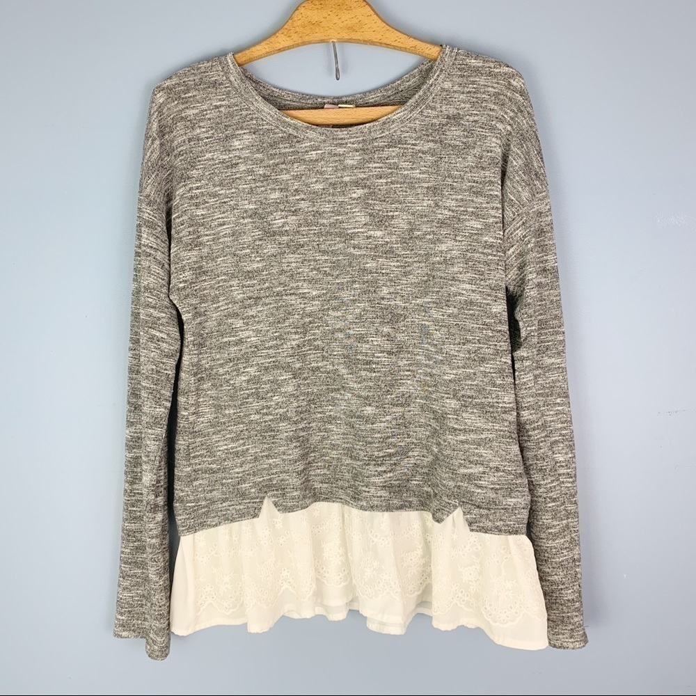 Francescas Gray Long Sleeve Lace Trim Blouse
